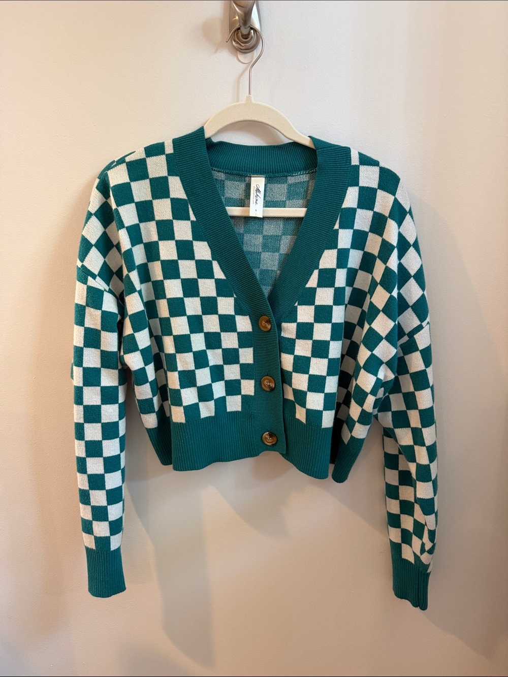 Blue and Cream Checkerboard V-Neck Button Cardigan Sweater